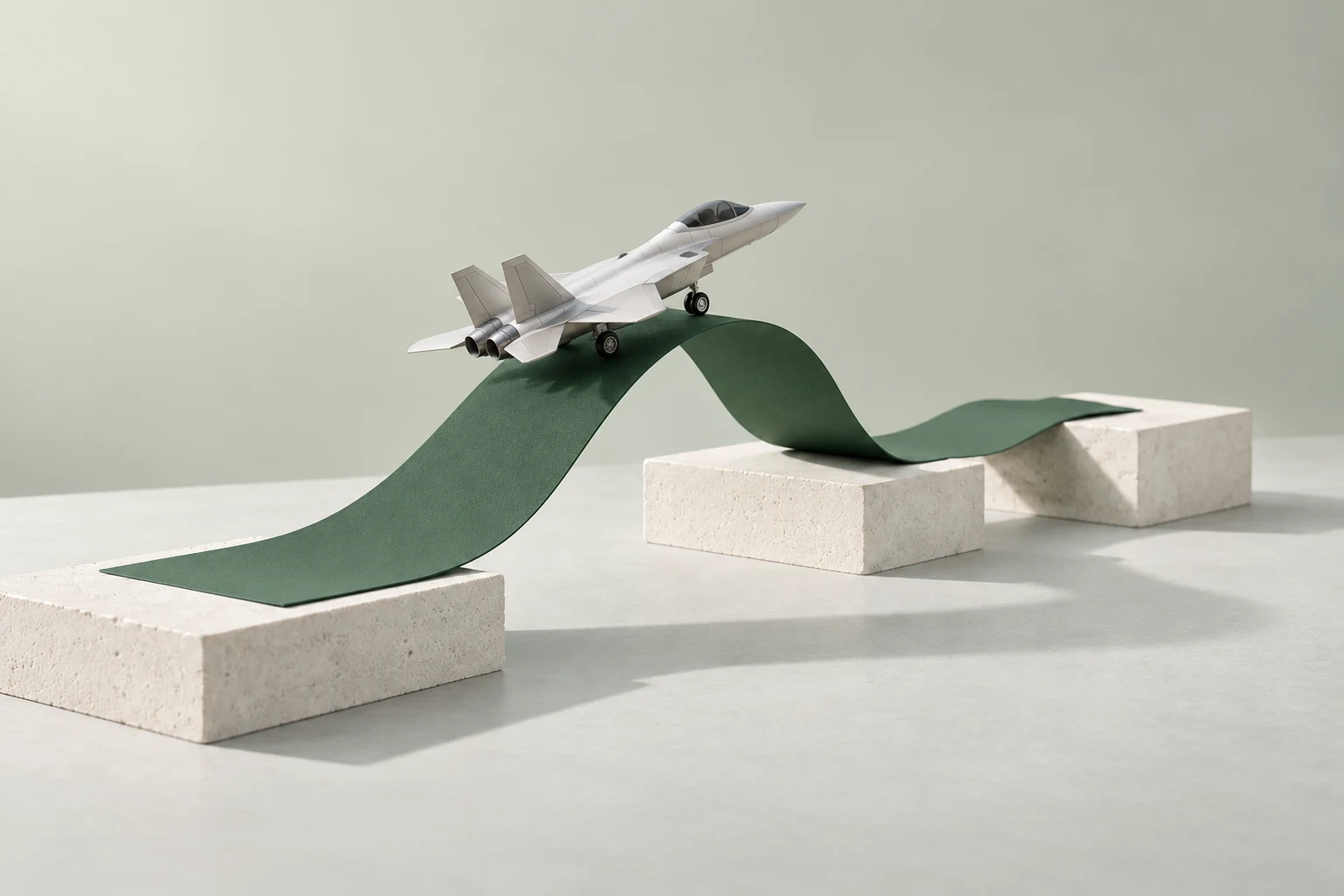 An ivory miniature fighter jet poised on a forest-green ribbon ramp that bridges three stone blocks in a sunlit studio.